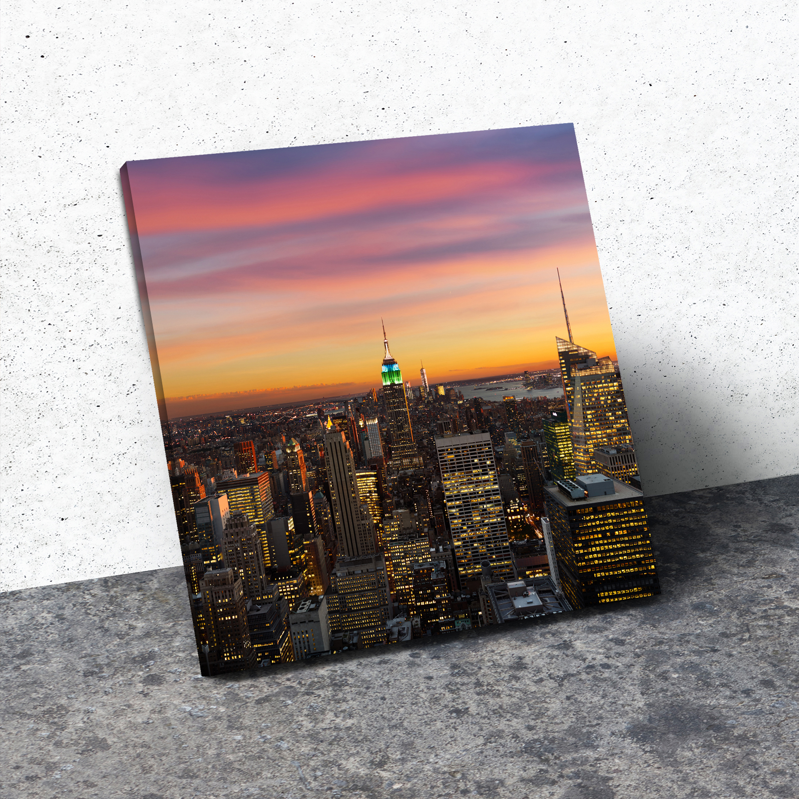 Pink Orange New York Sunset Square Framed Canvas Wall Art Modern Picture Print - Picture 2 of 7