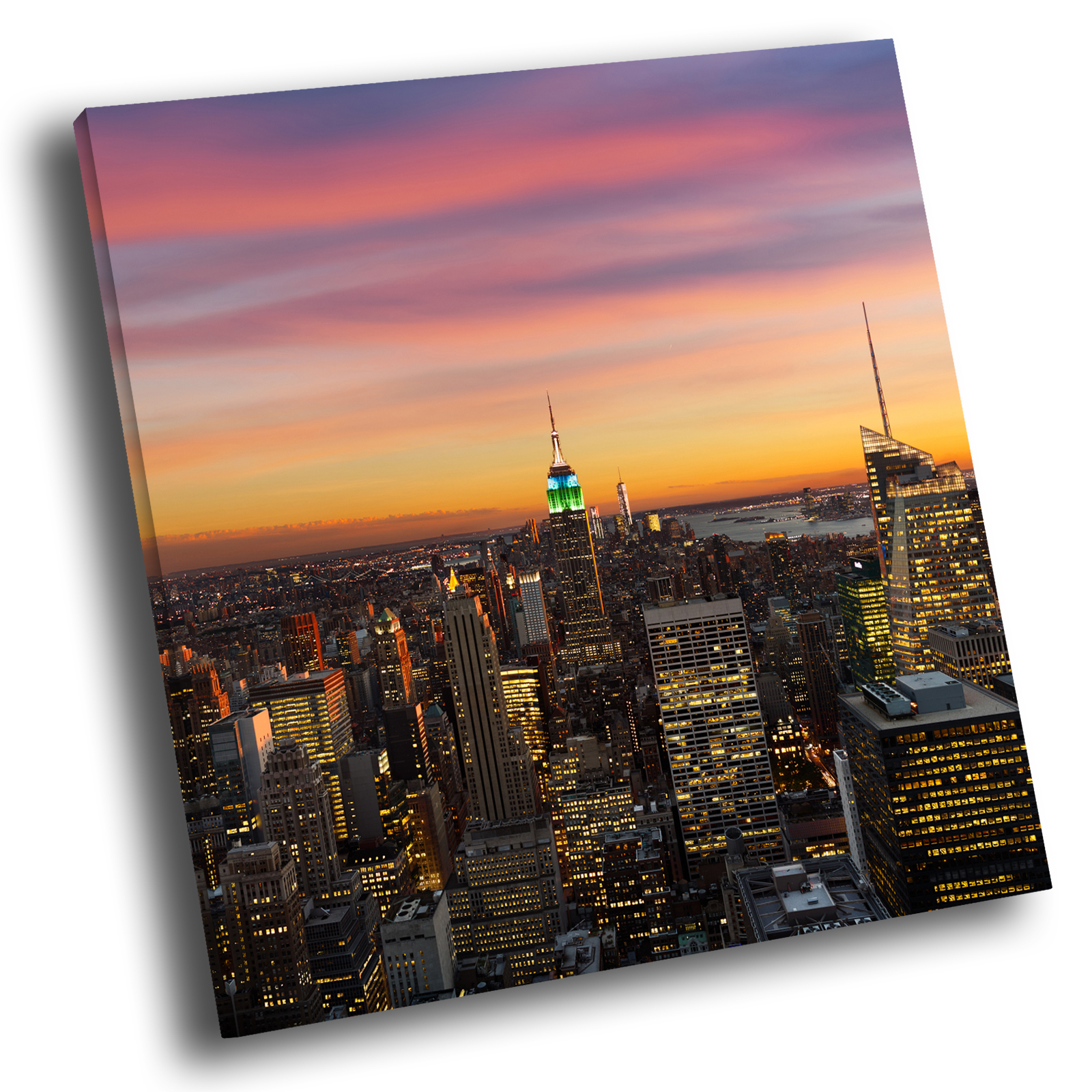 Pink Orange New York Sunset Square Framed Canvas Wall Art Modern Picture Print - Picture 1 of 7